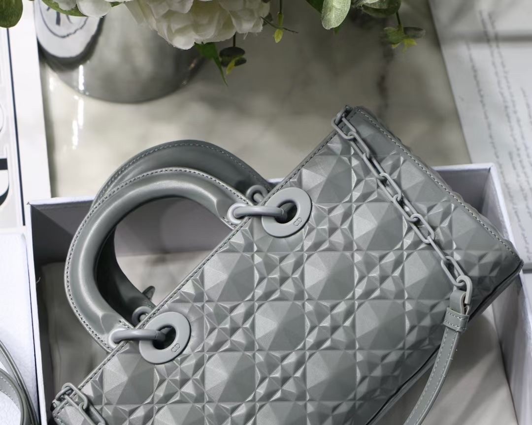 Dior Lady D-Joy Bag In Grey Calfskin with Diamond Motif 095