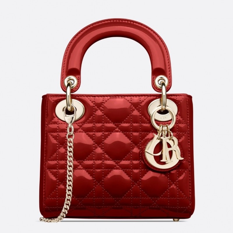 Dior Red Patent Mini Lady Dior Bag With Chain 870