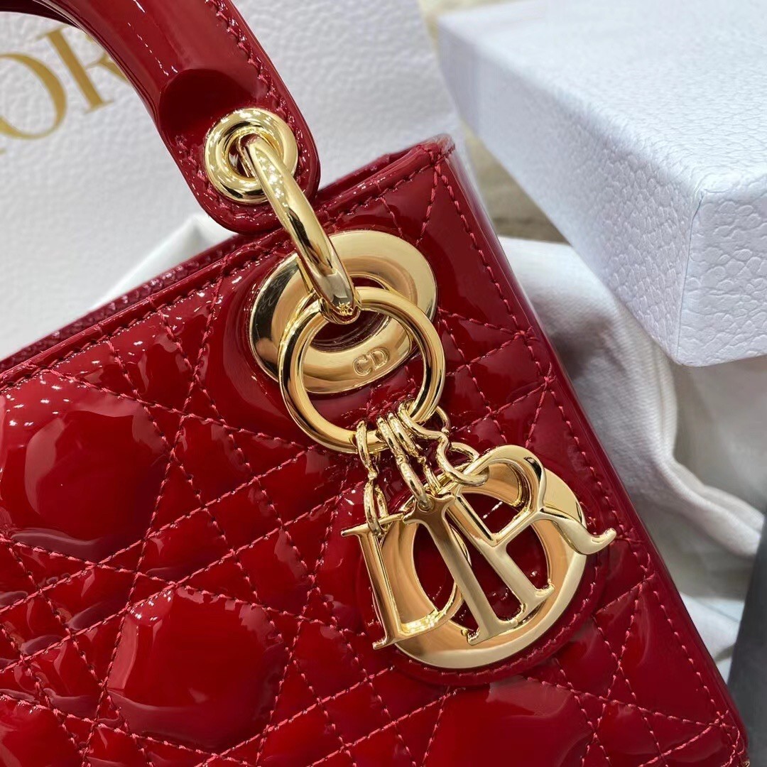 Dior Red Patent Mini Lady Dior Bag With Chain 870