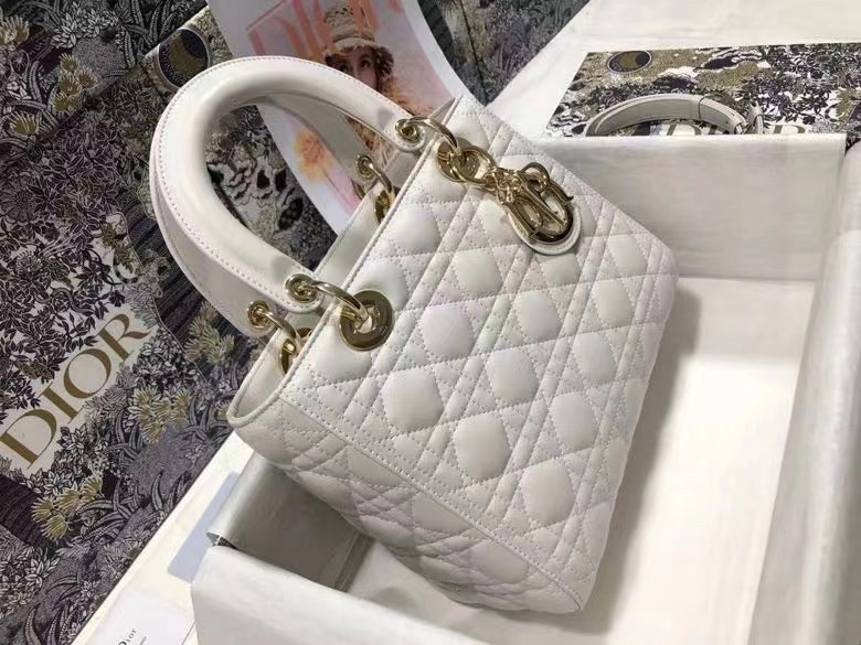 Dior Medium Lady Dior Bag In White Cannage Lambskin 347