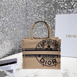 Dior Small Book Tote Bag In Beige Jute Canvas with Dior Union Motif 831