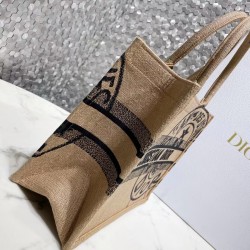 Dior Medium Book Tote Bag In Beige Jute Canvas with Dior Union Motif 870