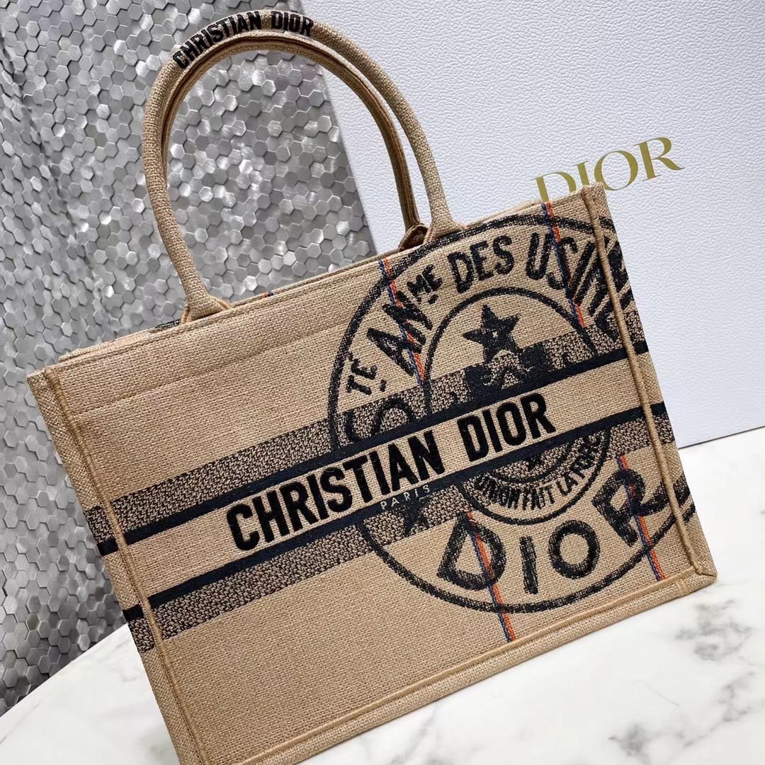 Dior Medium Book Tote Bag In Beige Jute Canvas with Dior Union Motif 870