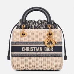 Dior Medium Lady Dior Bag In Wicker and Blue Oblique Jacquard 138