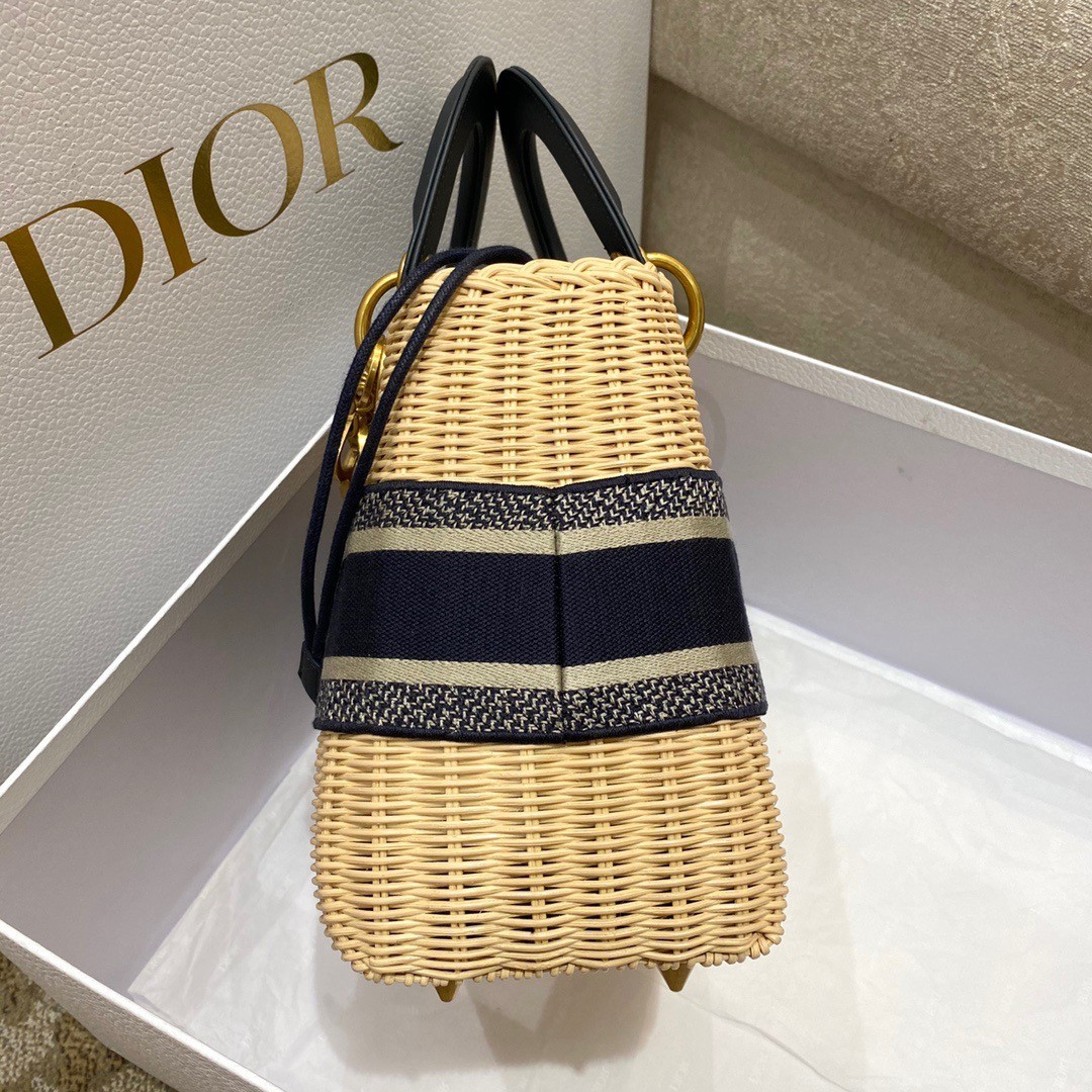 Dior Medium Lady Dior Bag In Wicker and Blue Oblique Jacquard 138