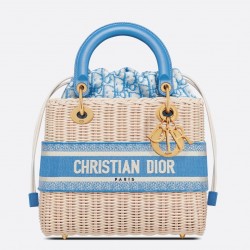 Dior Medium Lady Dior Bag In Wicker and Light Blue Oblique Jacquard 177