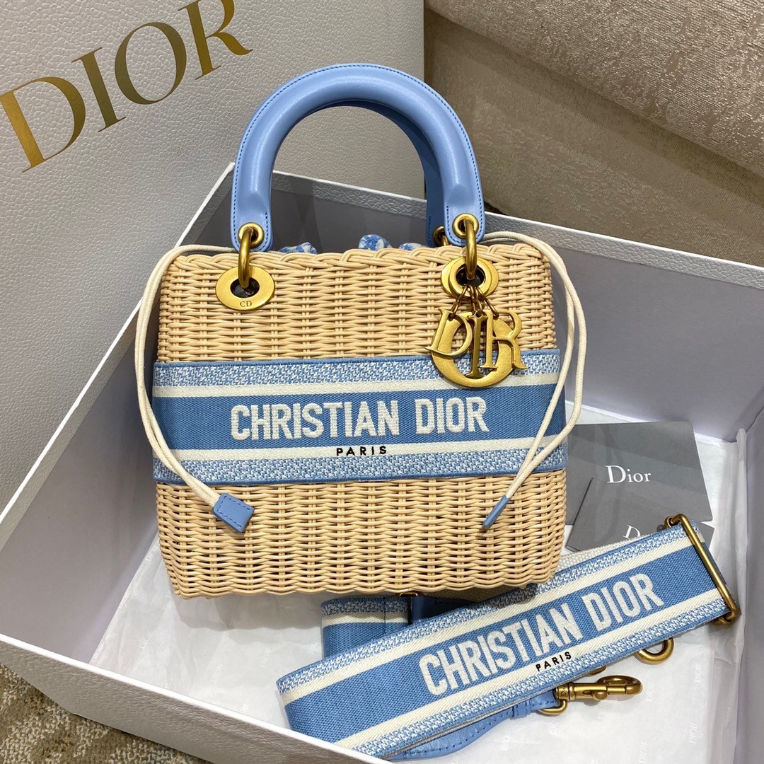 Dior Medium Lady Dior Bag In Wicker and Light Blue Oblique Jacquard 177