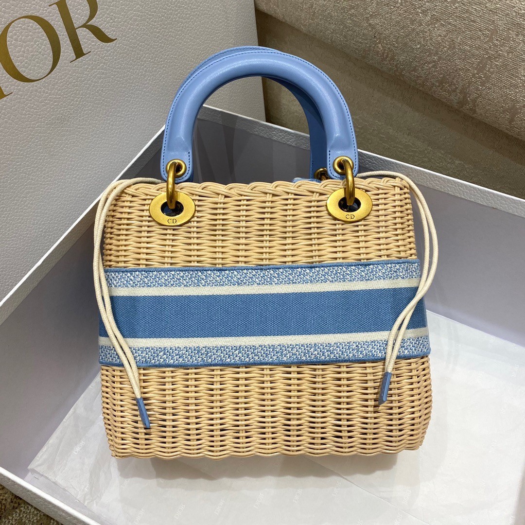 Dior Medium Lady Dior Bag In Wicker and Light Blue Oblique Jacquard 177