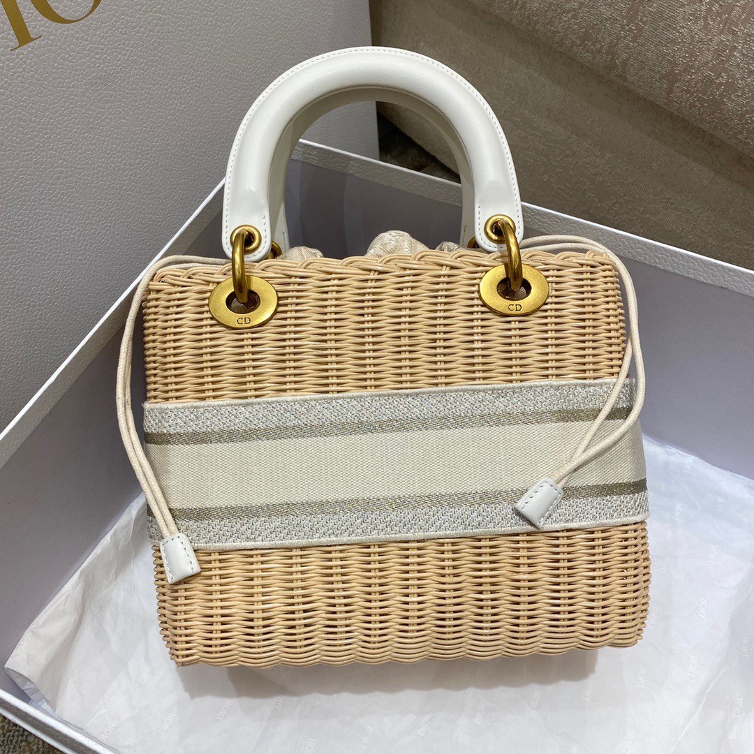 Dior Medium Lady Dior Bag In Wicker and White Oblique Jacquard 826