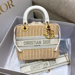 Dior Medium Lady Dior Bag In Wicker and White Oblique Jacquard 826