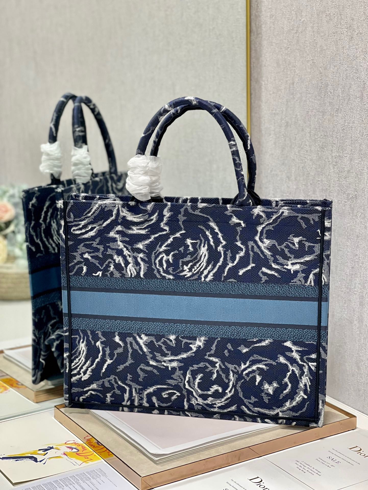 Dior Large Book Tote In Blue Dior Roses Embroidery 007