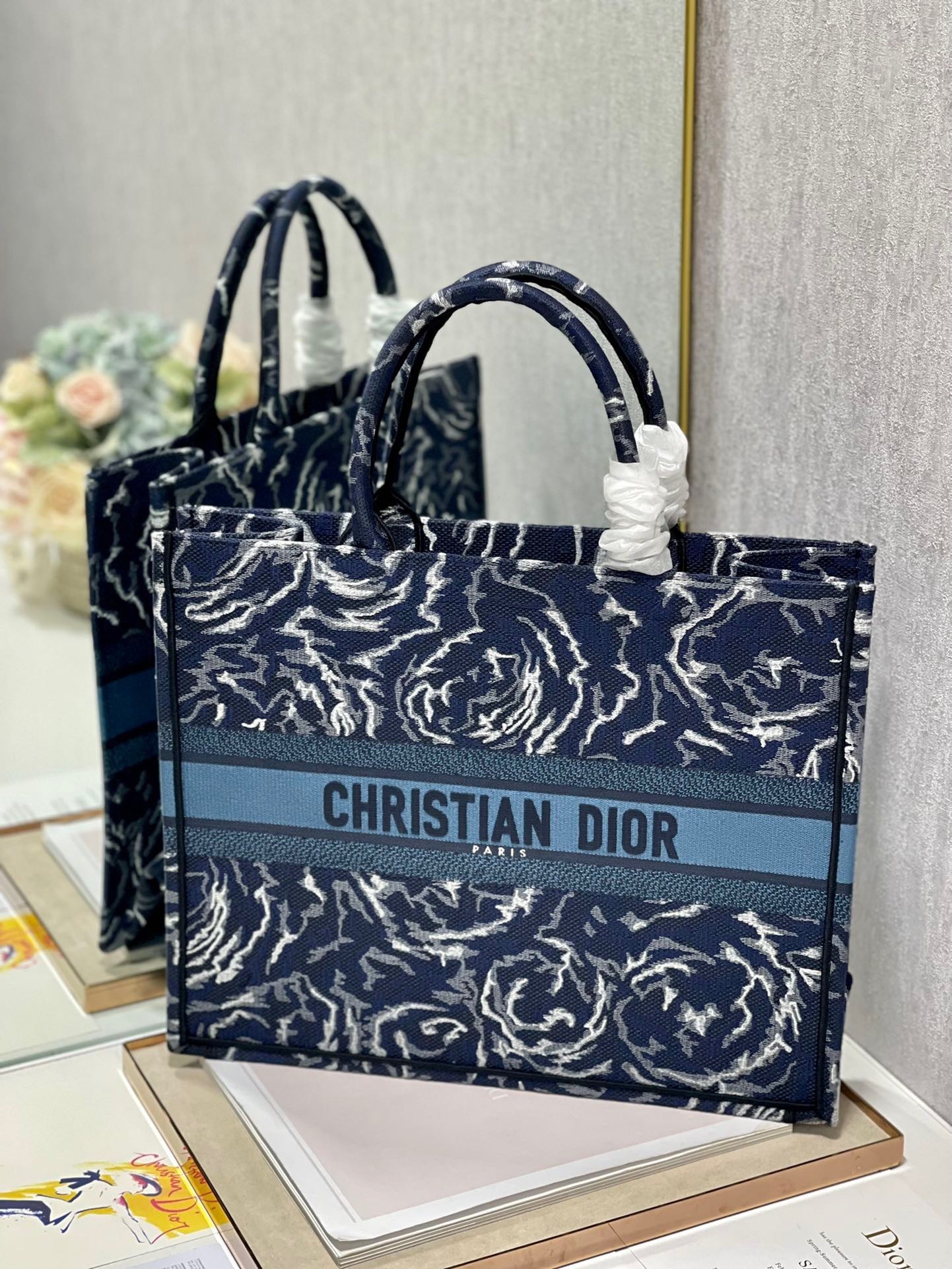 Dior Large Book Tote In Blue Dior Roses Embroidery 007