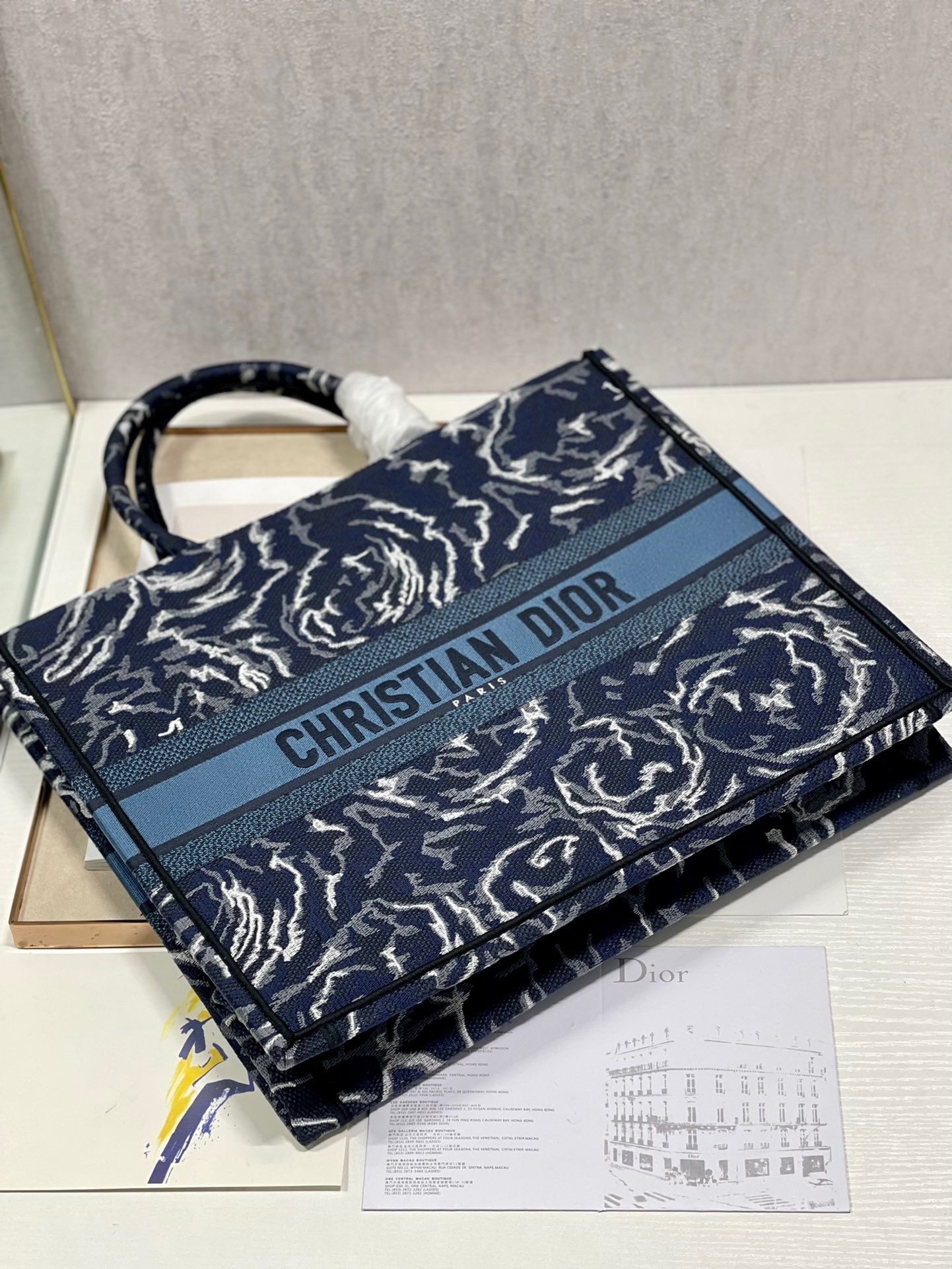 Dior Large Book Tote In Blue Dior Roses Embroidery 007