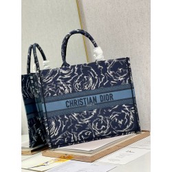 Dior Large Book Tote In Blue Dior Roses Embroidery 007