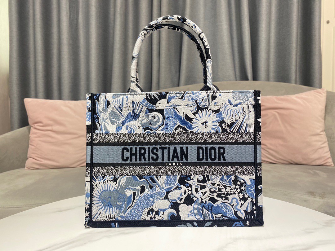 Dior Medium Book Tote In Blue Zodiac Fantastico Embroidery 178