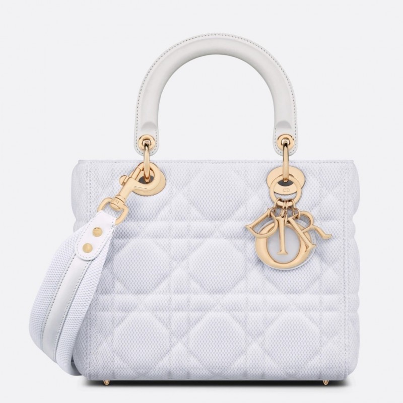 Dior Medium Lady D-Lite Bag In White Macrocannage Technical Fabric 245