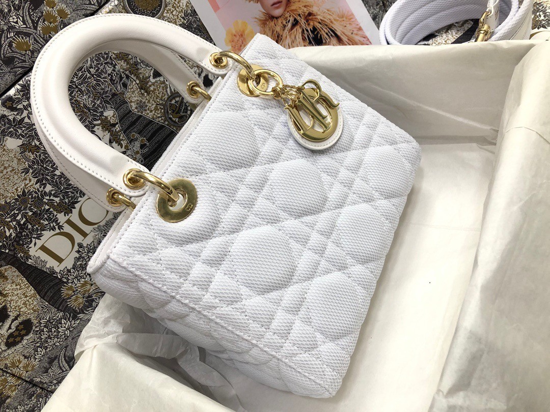 Dior Medium Lady D-Lite Bag In White Macrocannage Technical Fabric 245