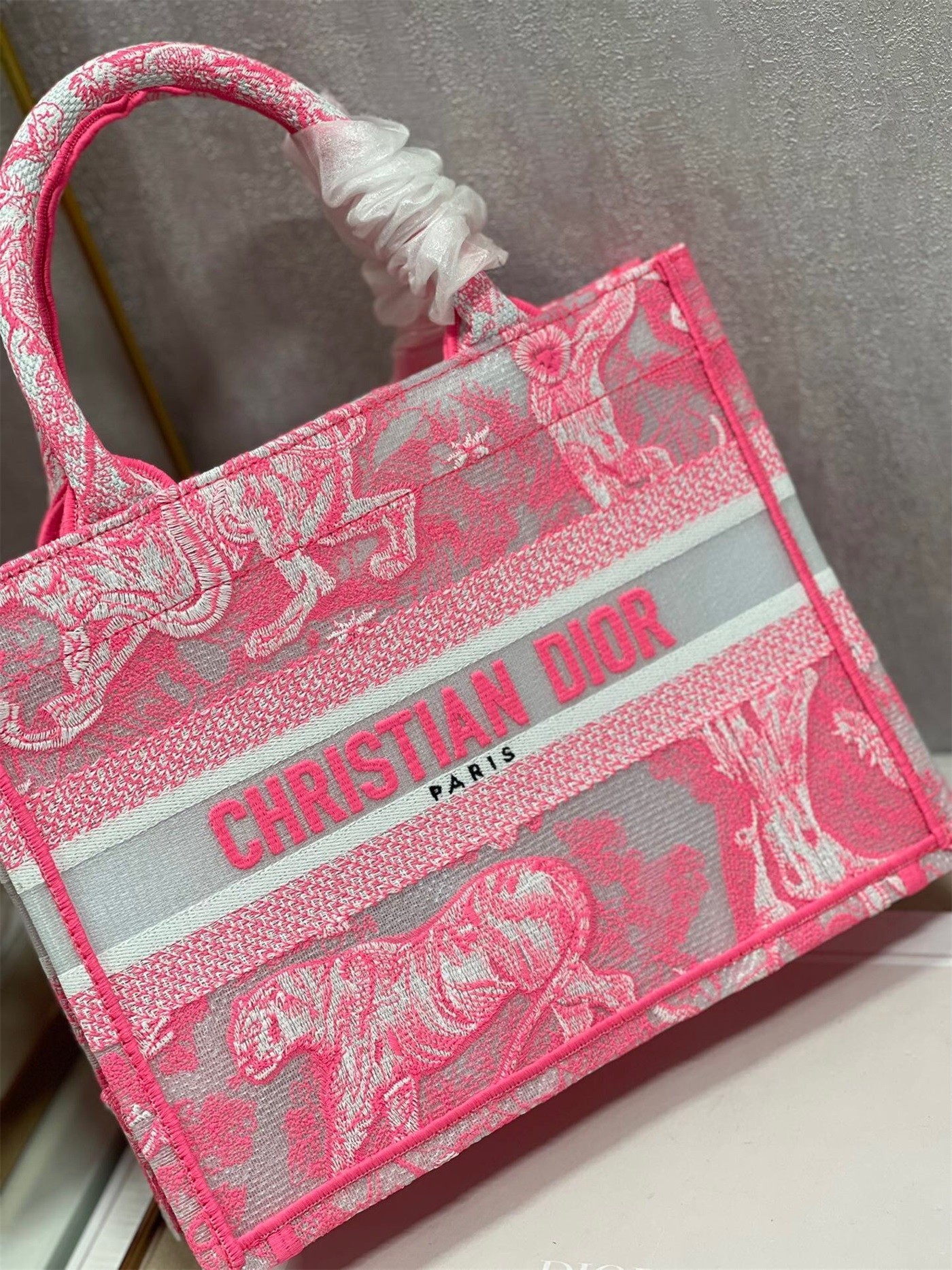 Dior Small Book Tote Bag In Pink Transparent Toile de Jouy Canvas 355