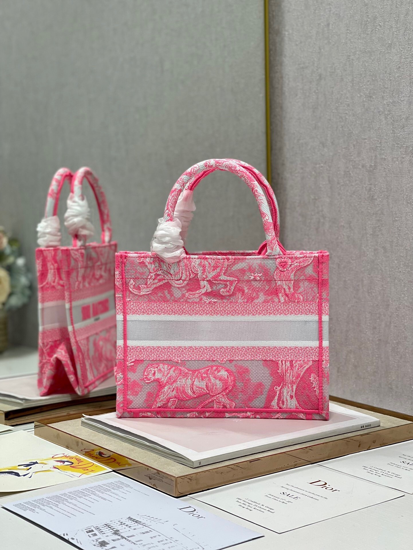 Dior Small Book Tote Bag In Pink Transparent Toile de Jouy Canvas 355