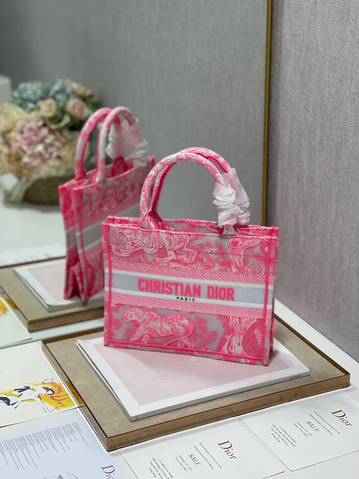 Dior Small Book Tote Bag In Pink Transparent Toile de Jouy Canvas 355