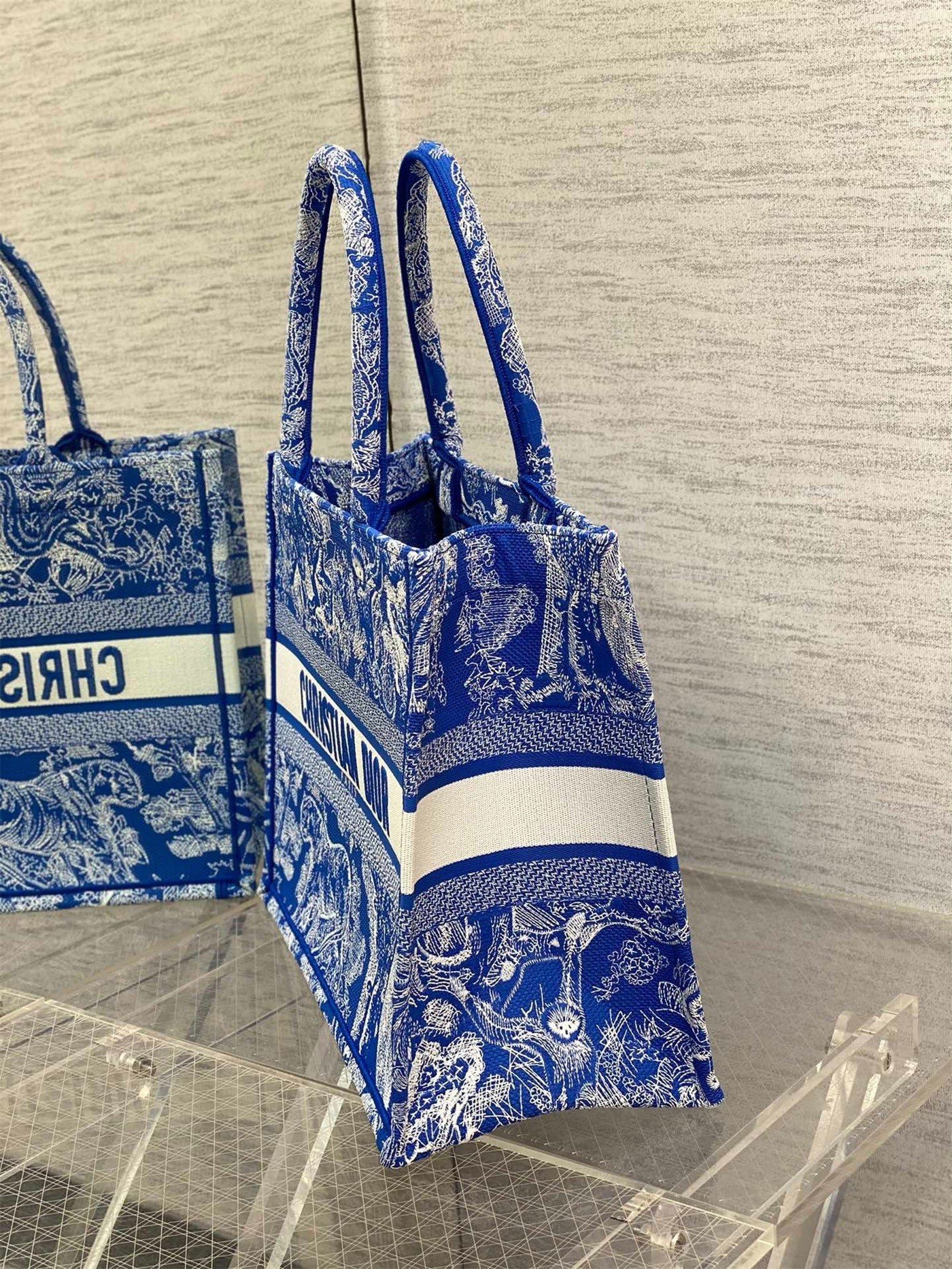 Dior Medium Book Tote Bag In Fluorescent Blue Toile de Jouy Reverse Embroidery 388