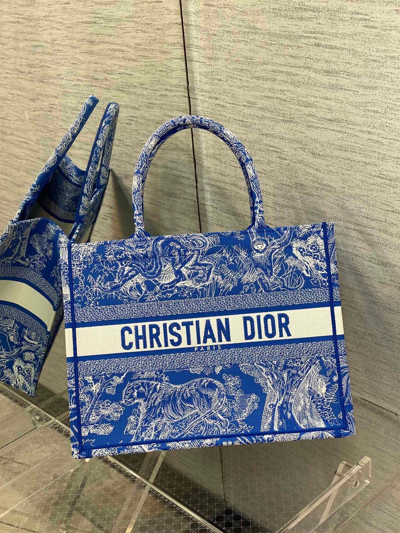 Dior Medium Book Tote Bag In Fluorescent Blue Toile de Jouy Reverse Embroidery 388