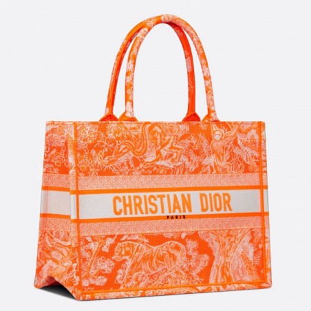 Dior Medium Book Tote Bag In Fluorescent Orange Toile de Jouy Reverse Embroidery 416