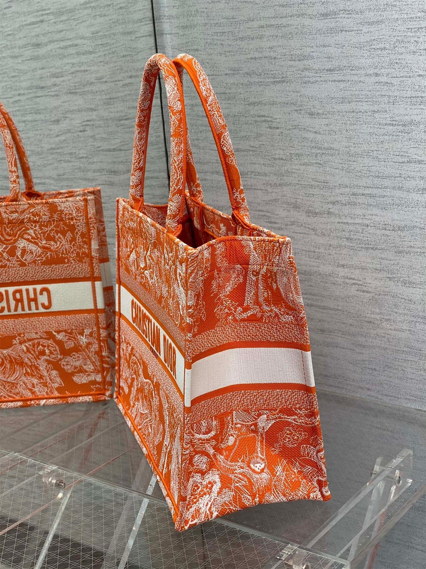 Dior Medium Book Tote Bag In Fluorescent Orange Toile de Jouy Reverse Embroidery 416