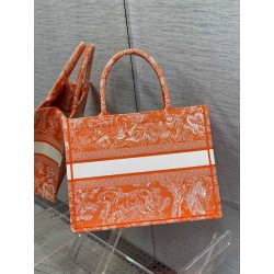 Dior Medium Book Tote Bag In Fluorescent Orange Toile de Jouy Reverse Embroidery 416