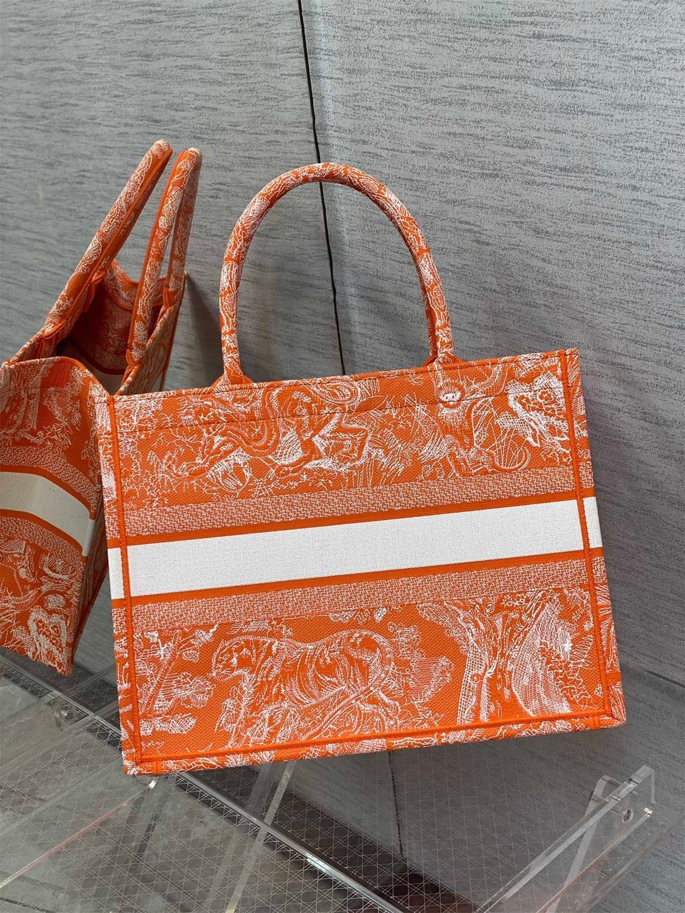 Dior Medium Book Tote Bag In Fluorescent Orange Toile de Jouy Reverse Embroidery 416