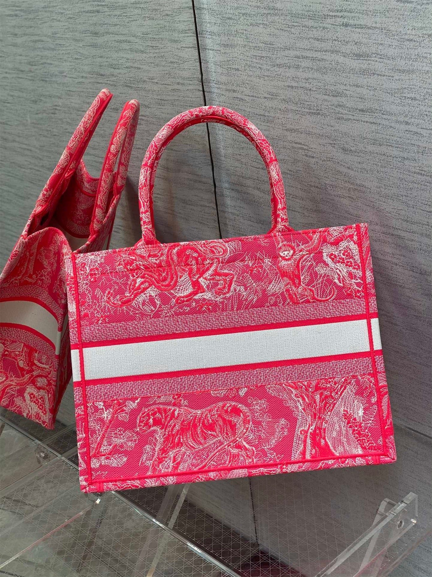 Dior Medium Book Tote Bag In Fluorescent Pink Toile de Jouy Reverse Embroidery 449