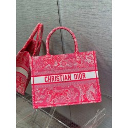 Dior Medium Book Tote Bag In Fluorescent Pink Toile de Jouy Reverse Embroidery 449