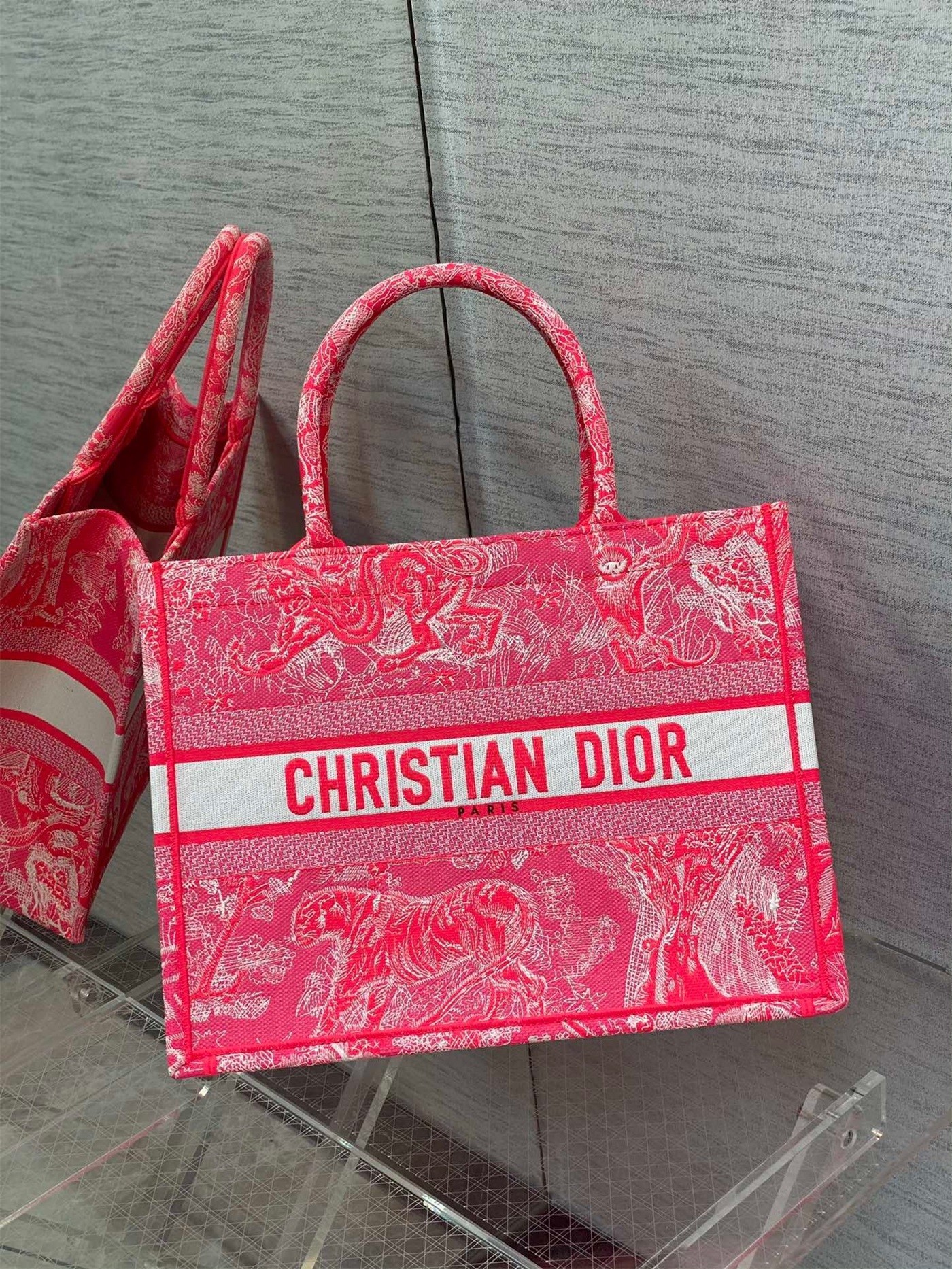 Dior Medium Book Tote Bag In Fluorescent Pink Toile de Jouy Reverse Embroidery 449