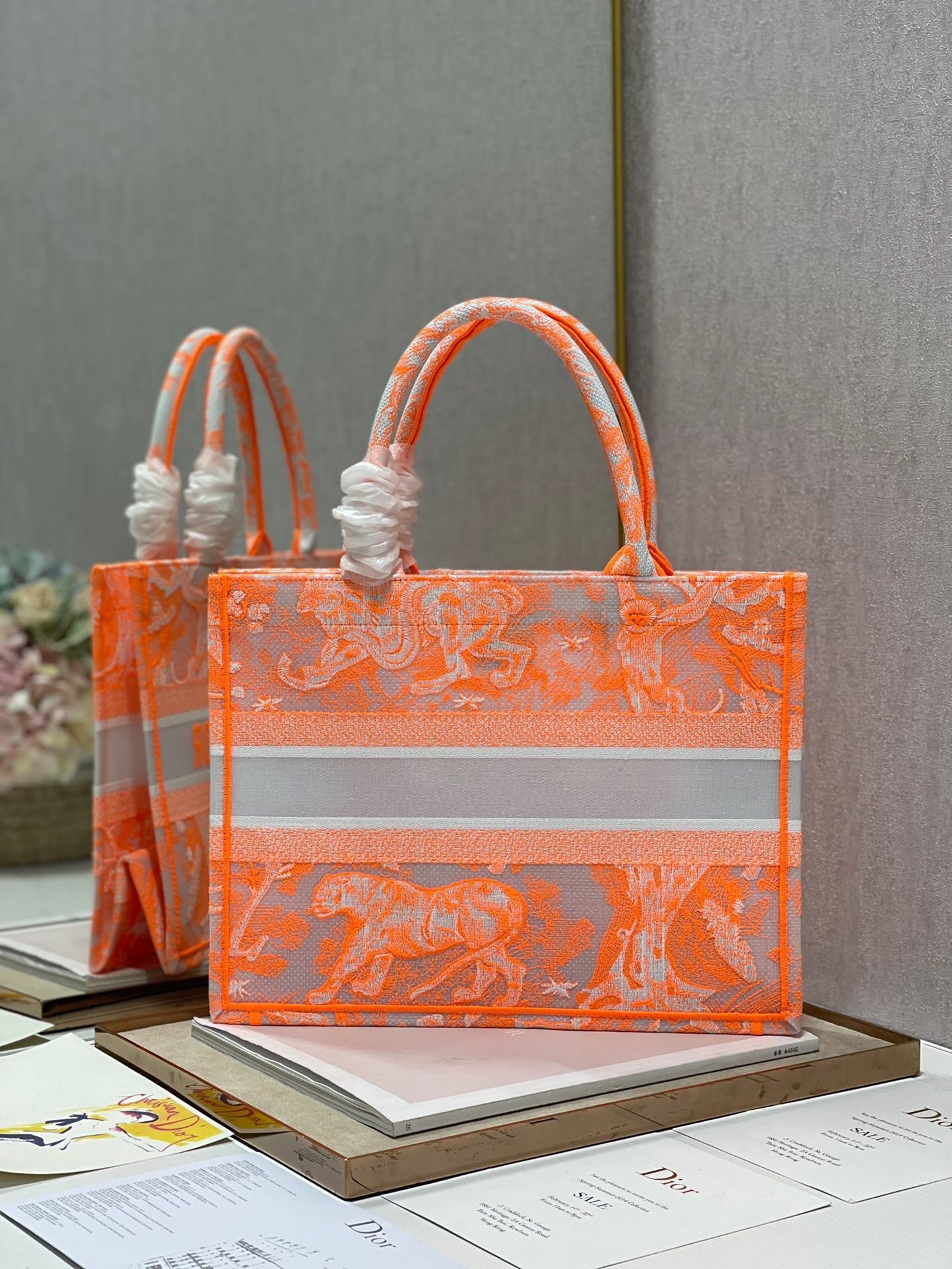 Dior Medium Book Tote Bag In Orange Transparent Toile de Jouy Canvas 514