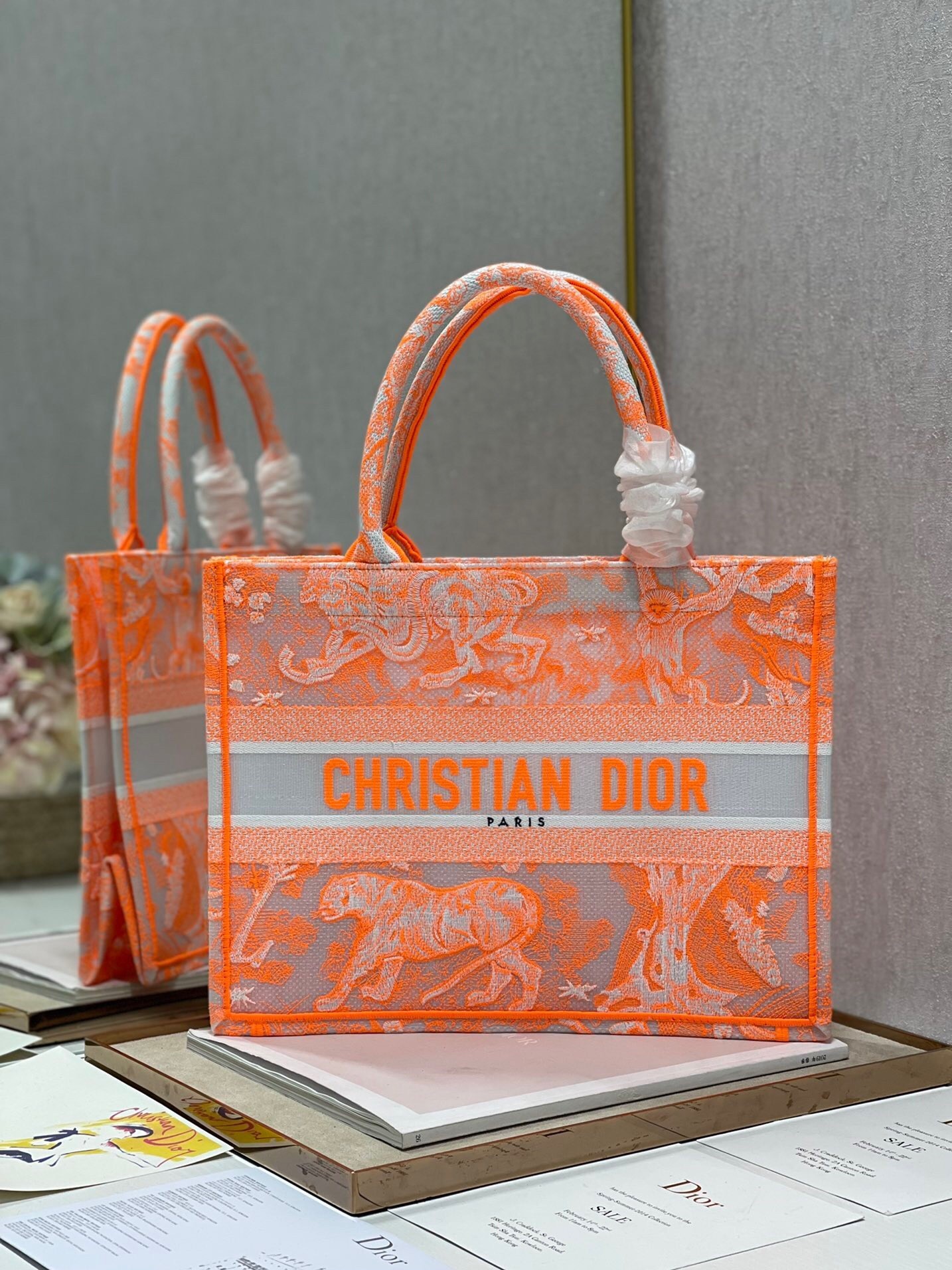 Dior Medium Book Tote Bag In Orange Transparent Toile de Jouy Canvas 514