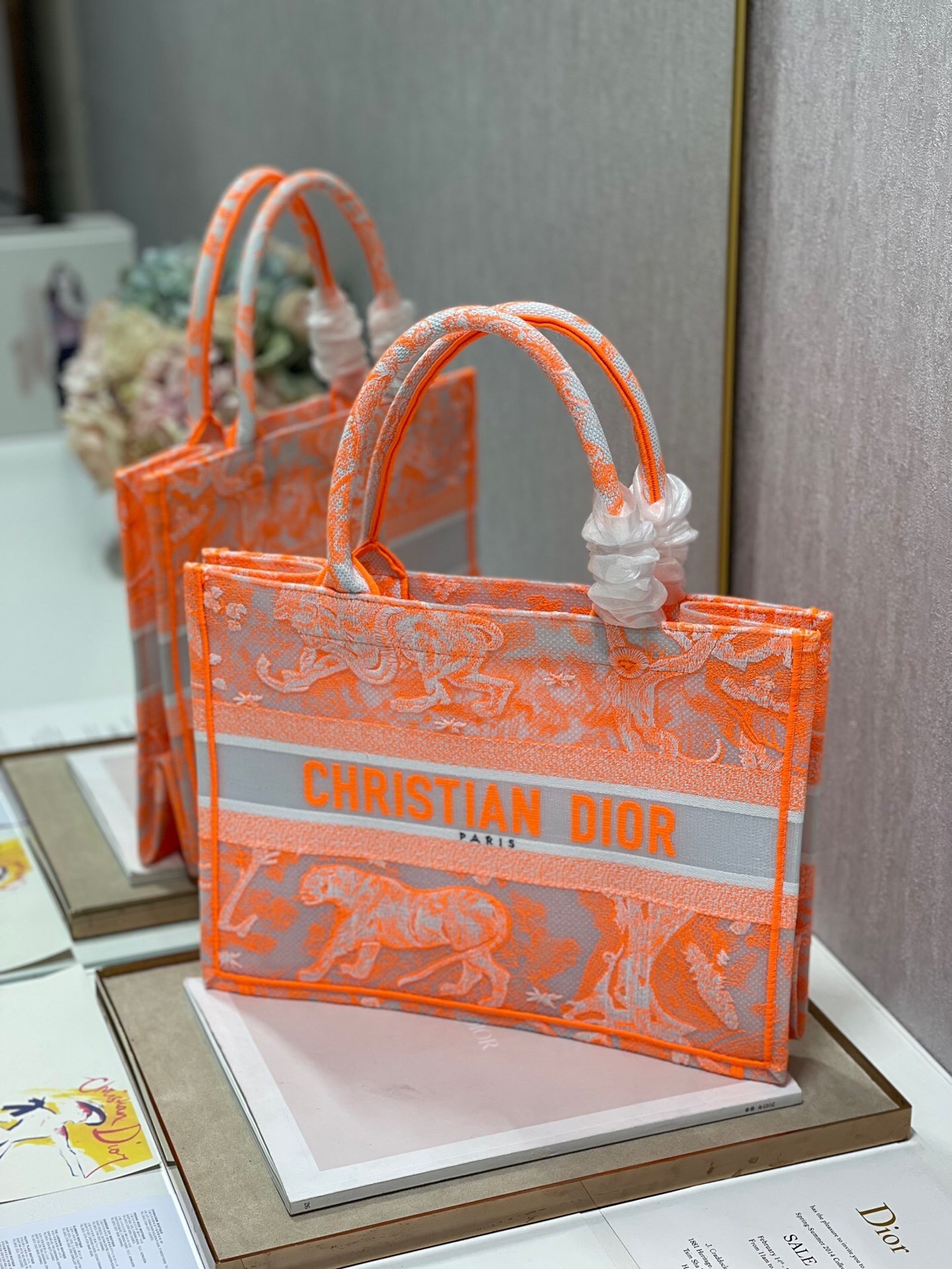 Dior Medium Book Tote Bag In Orange Transparent Toile de Jouy Canvas 514