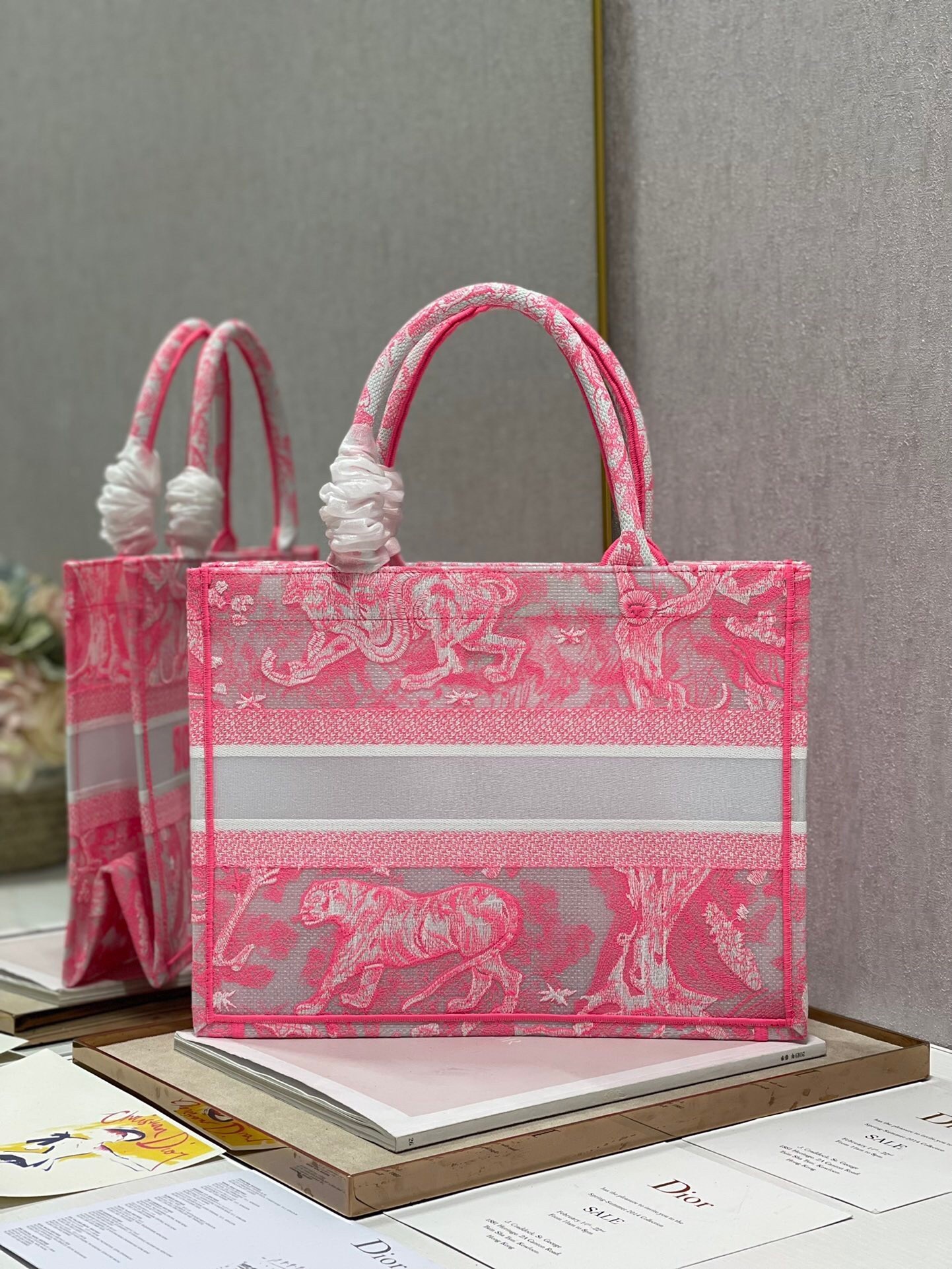 Dior Medium Book Tote Bag In Pink Transparent Toile de Jouy Canvas 542