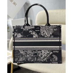 Dior Medium Book Tote Bag In Black Toile de Jouy Zodiac Embroidery 589