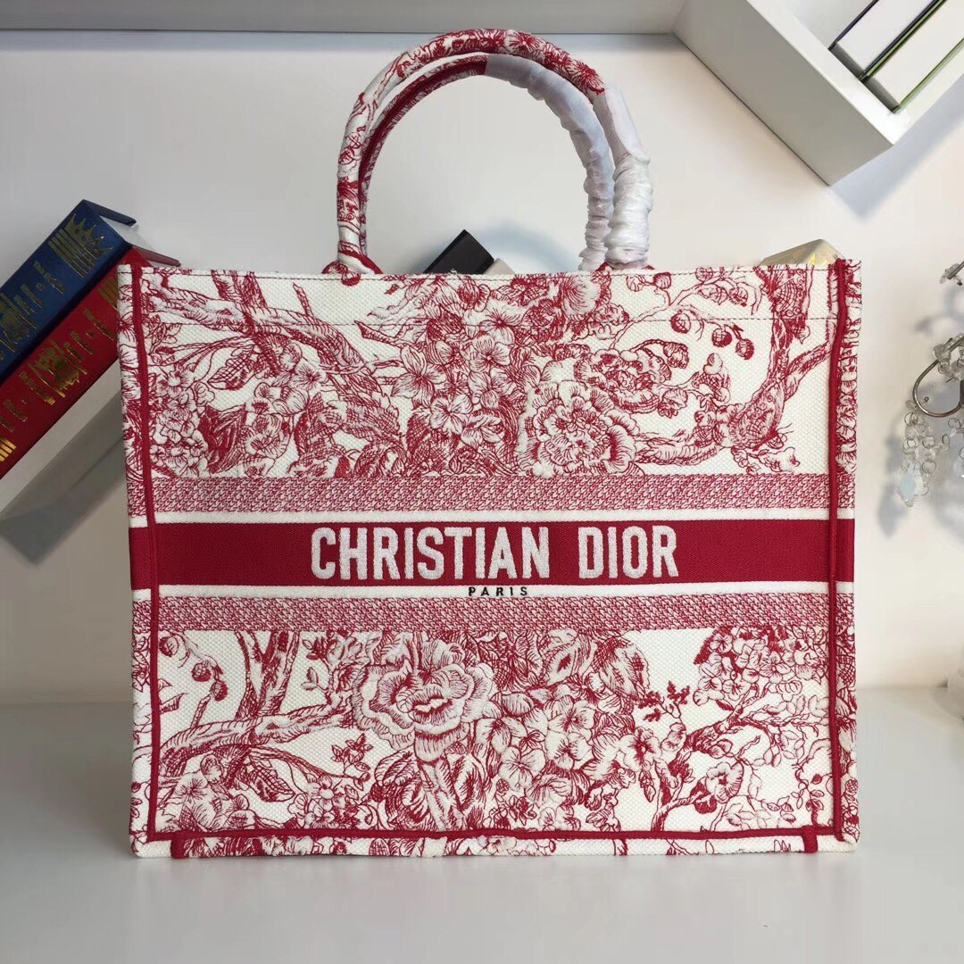 Dior Book Tote Bag In Red Hydrangea Flowers Canvas 304