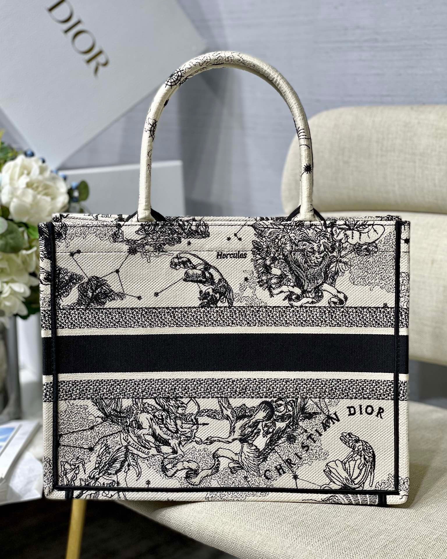 Dior Medium Book Tote Bag In White Toile de Jouy Zodiac Embroidery 627