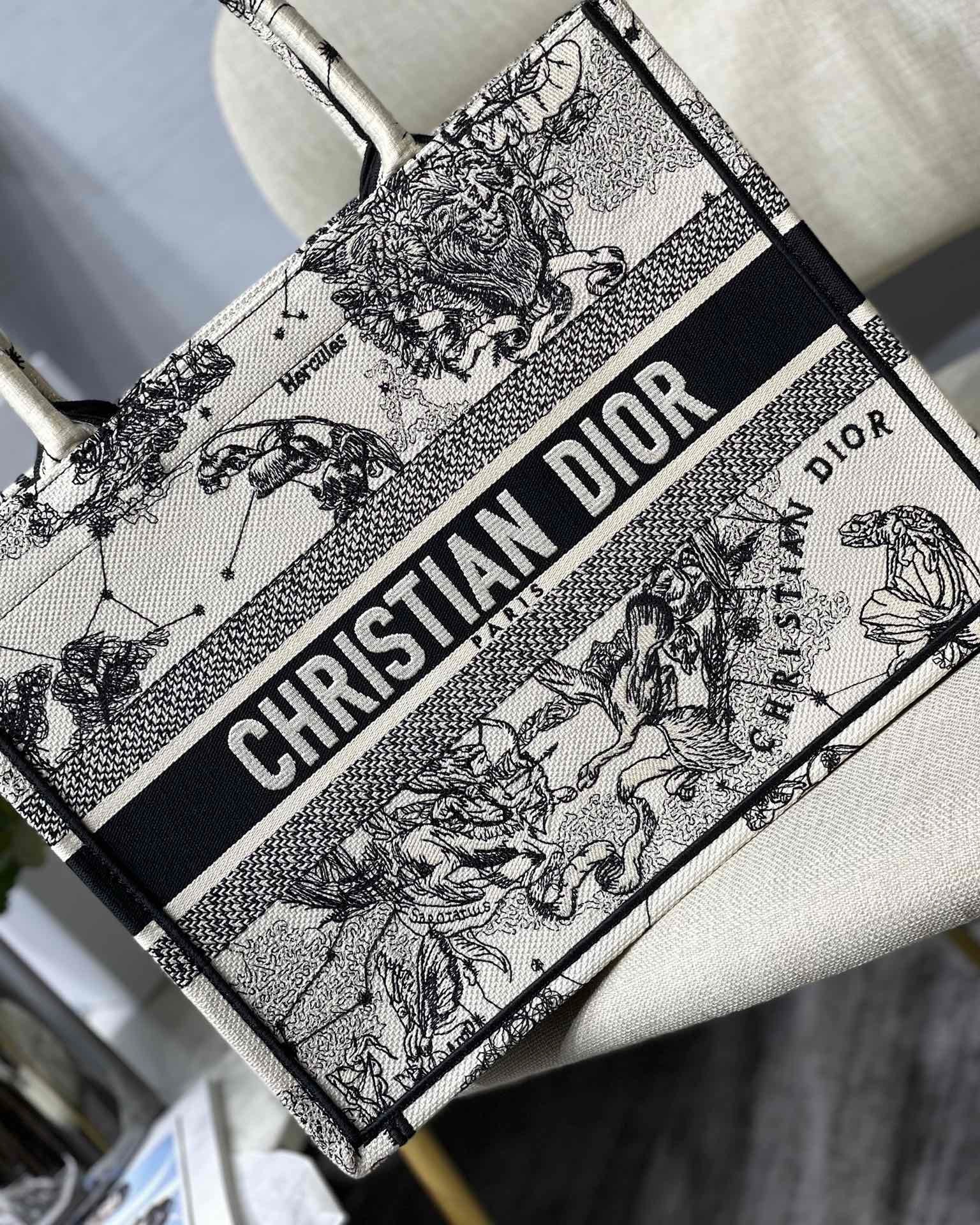 Dior Medium Book Tote Bag In White Toile de Jouy Zodiac Embroidery 627