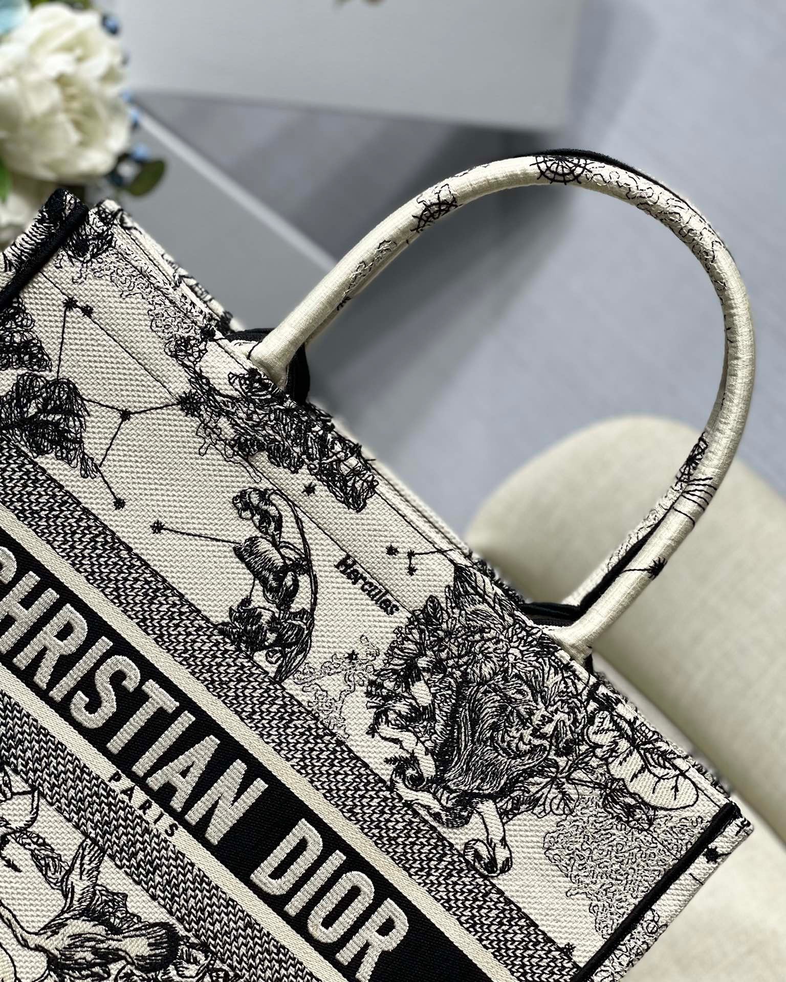 Dior Medium Book Tote Bag In White Toile de Jouy Zodiac Embroidery 627