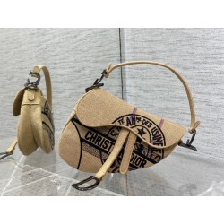 Dior Saddle Bag In Beige Jute Canvas with Dior Union Motif 698