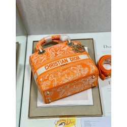 Dior Medium Lady D-Lite Bag In Fluorescent Orange Toile de Jouy Reverse Embroidery 632