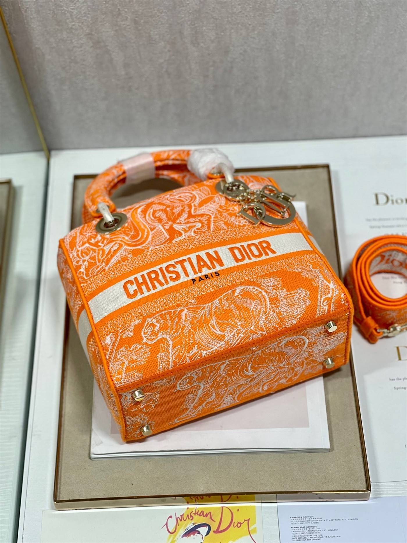 Dior Medium Lady D-Lite Bag In Fluorescent Orange Toile de Jouy Reverse Embroidery 632