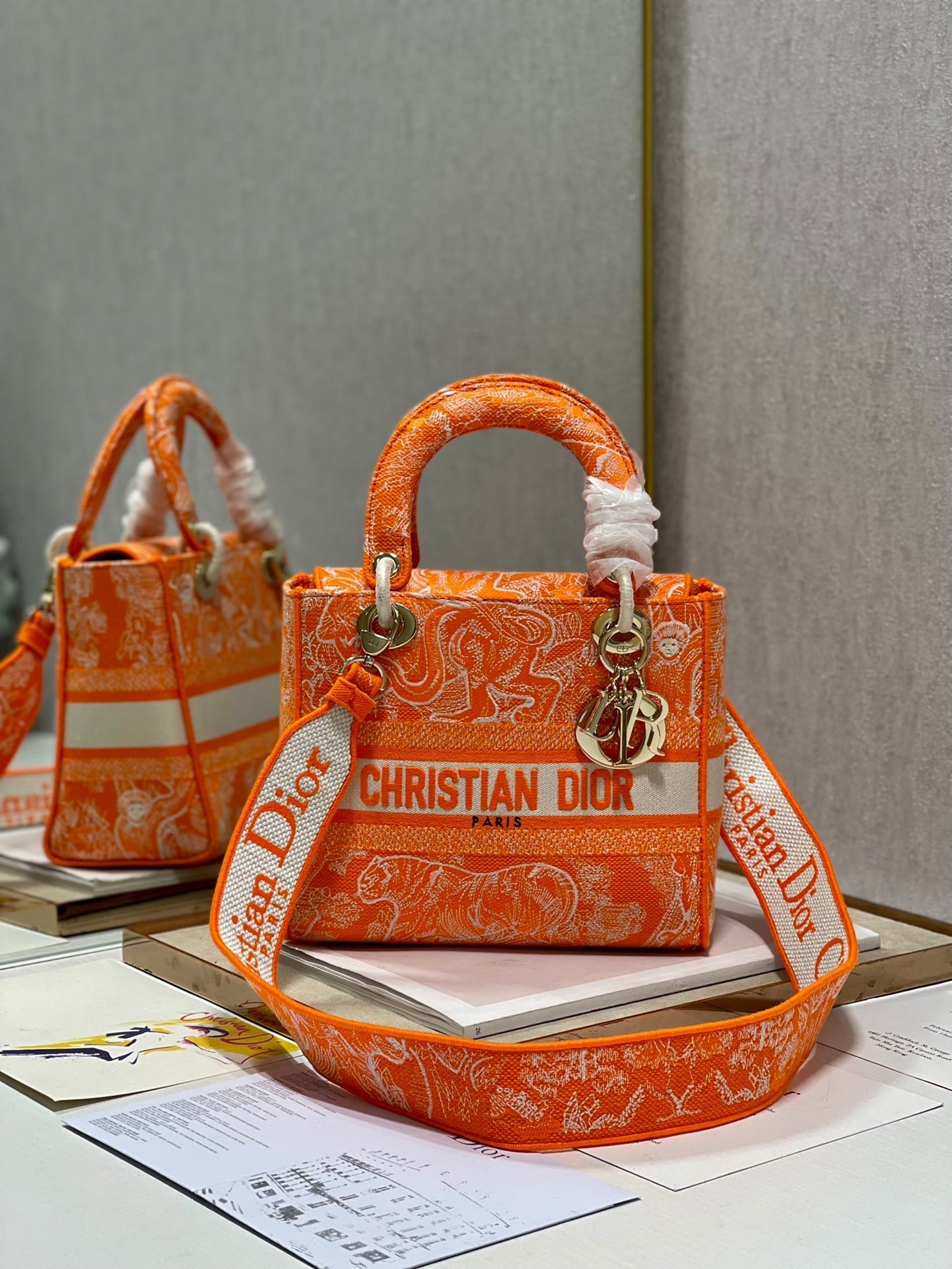 Dior Medium Lady D-Lite Bag In Fluorescent Orange Toile de Jouy Reverse Embroidery 632