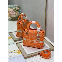 Dior Medium Lady D-Lite Bag In Fluorescent Orange Toile de Jouy Reverse Embroidery 632