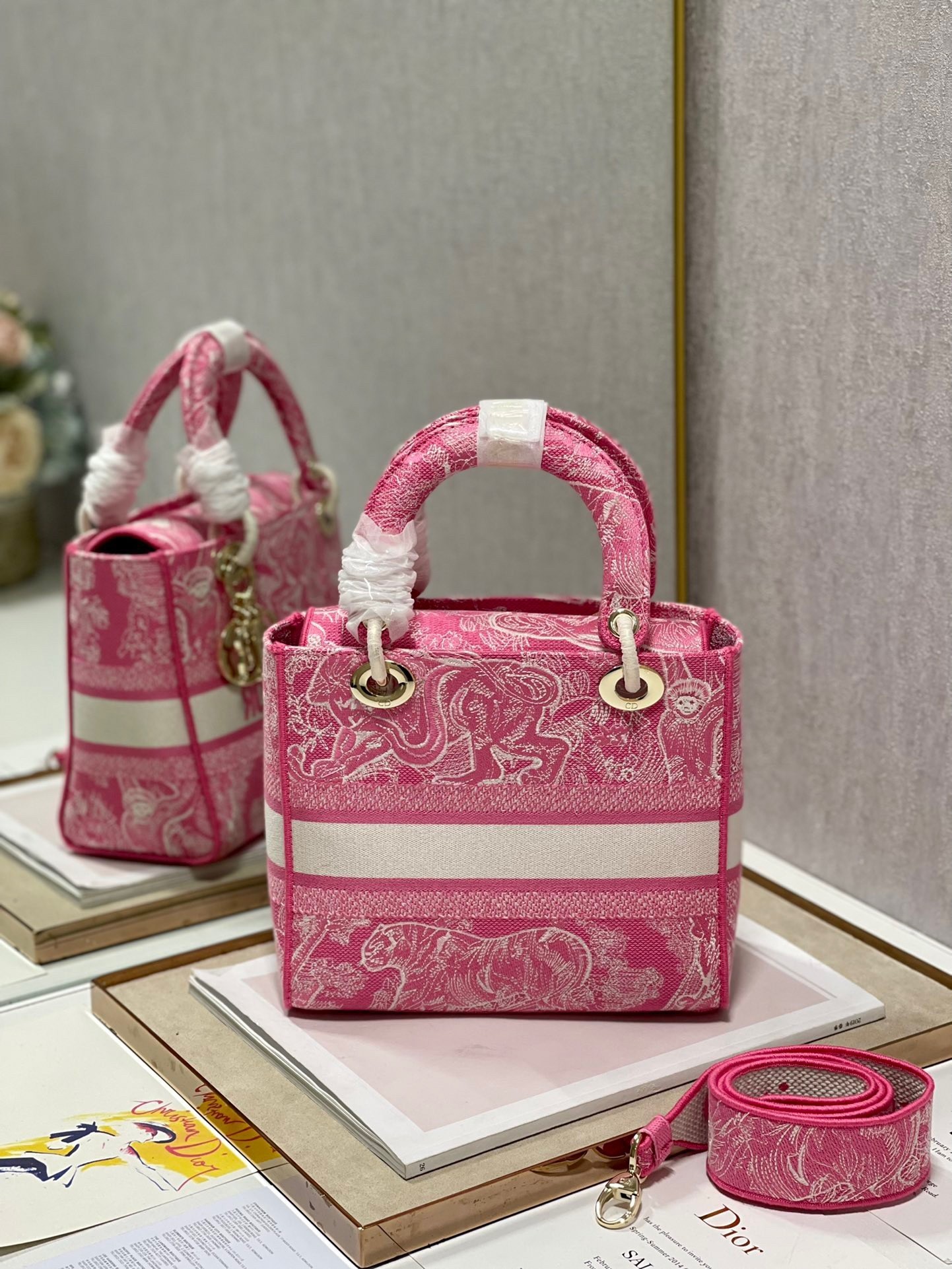 Dior Medium Lady D-Lite Bag In Fluorescent Pink Toile de Jouy Reverse Embroidery 650