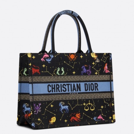 Dior Medium Book Tote Bag In Black Pixel Zodiac Embroidery 805