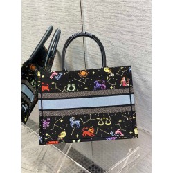 Dior Medium Book Tote Bag In Black Pixel Zodiac Embroidery 805